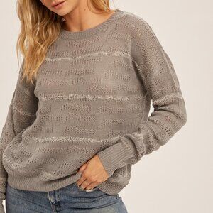 HEM & THREAD Grey Lightweight Open Knit Sweater, Long Sleeve Pullover, Casual